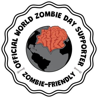 The Official World Zombie Day Supporter badge: a brain-globe in a scalloped ring reading Official World Zombie Day Supporter, Zombie-Friendly.